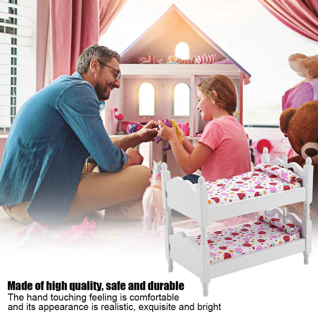 1:12 Doll House Mini Furniture Children Bedroom Model Bunk Bed Toys(Pink Strawberry)