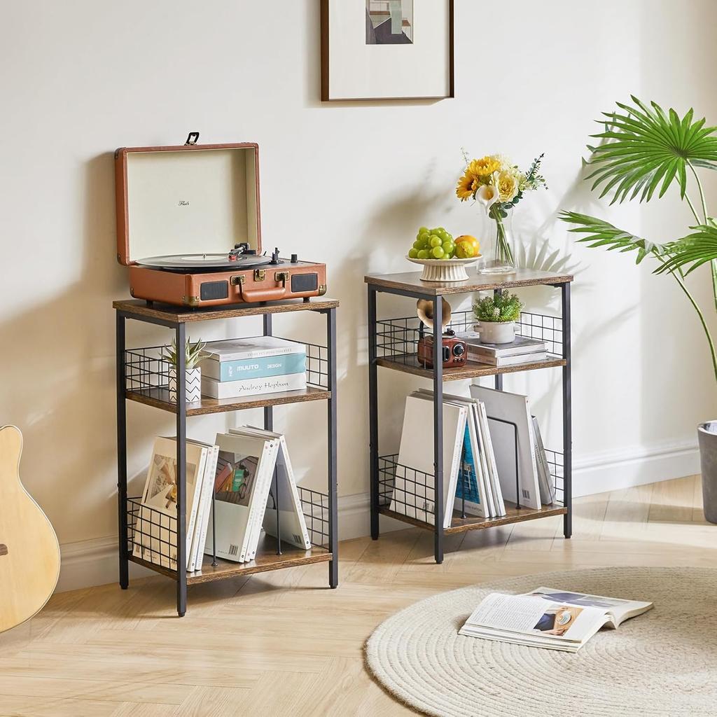 YMYNY JPHST009H 3-Tier Record Player Stand with Vinyl Storage, Brown