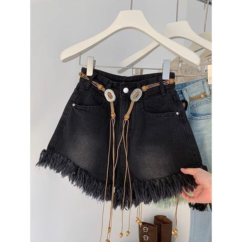 Tassel Fringed Denim Shorts for Women High Waist Thin Wide Leg A-line Half Pants Solid Color Sexy Style Ladies' Clothing