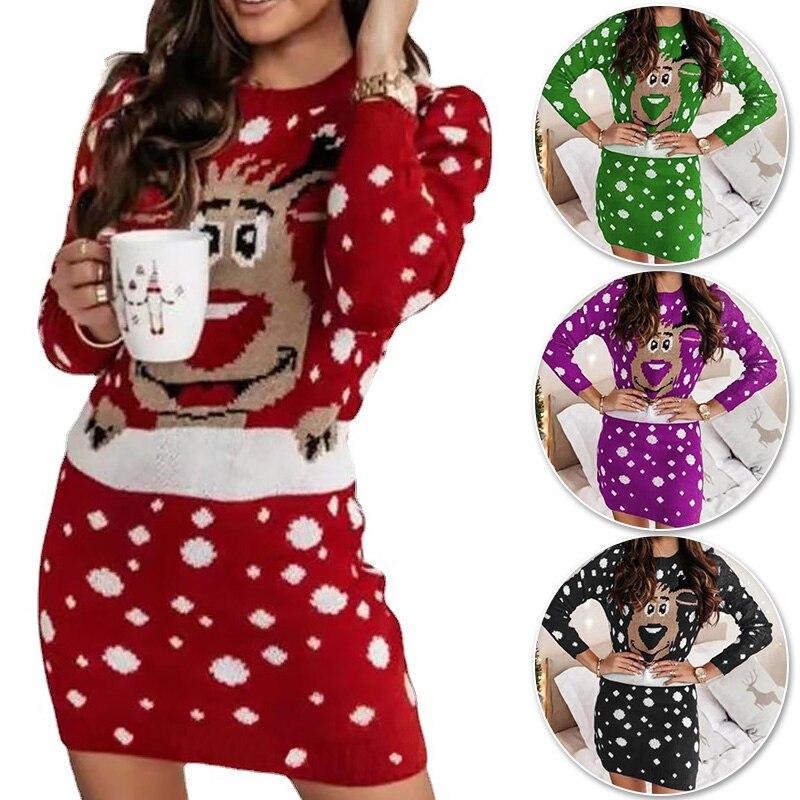 Women's Casual Christmas Print Long Sleeve Bodycon Dress, Slim Fit Sexy Gown Knitted Dresses New Year's Clothes Sweater Dress