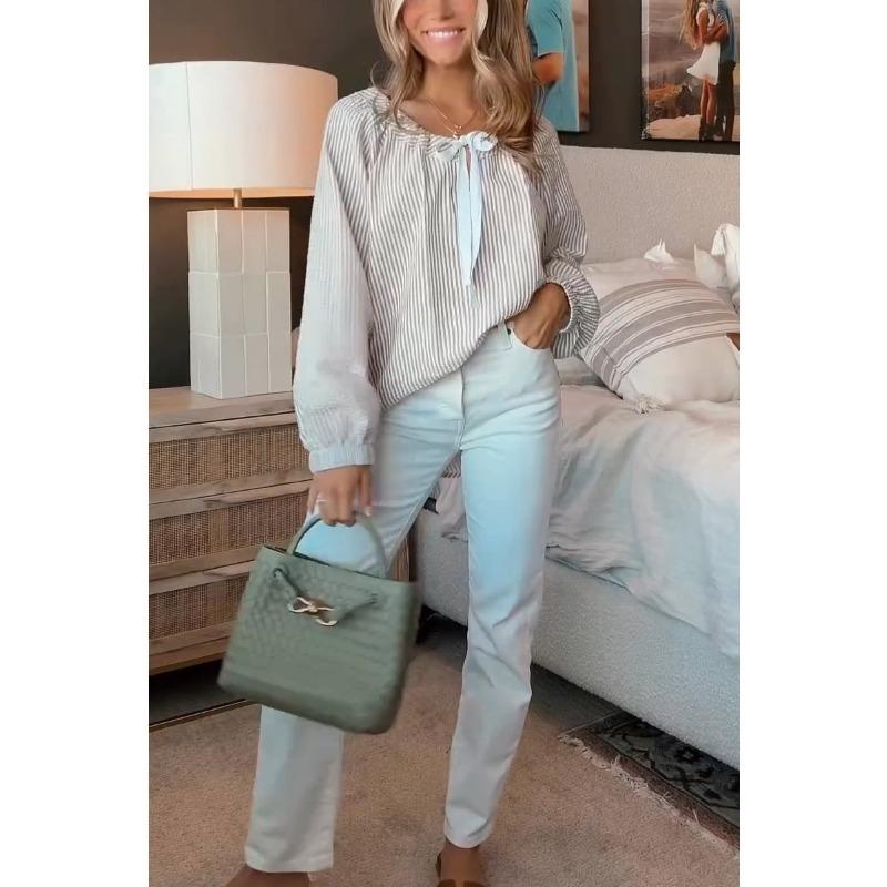 Осенне-зимняя женская шифоновая рубашка с полосатым галстуком и длинными рукавами