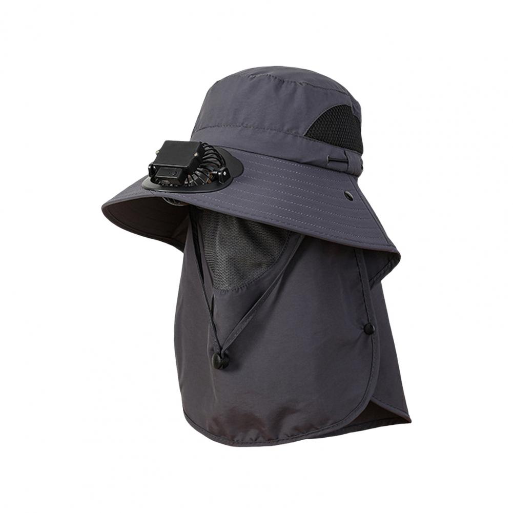 Men Solar Fan Hat with Face And Neck Cover USB Rechargeable Fan Large Brim Hollow Mesh Windproof Strap Anti-UV Sunlight Protecti