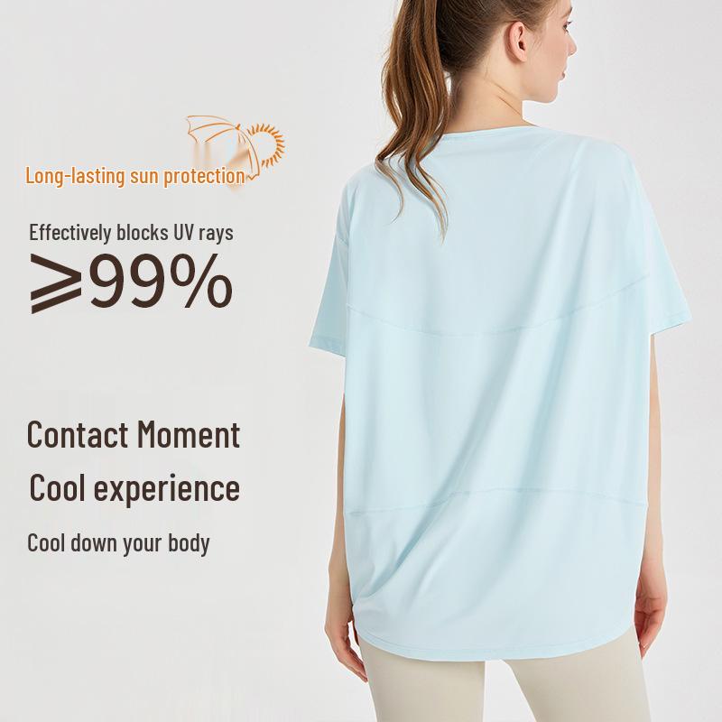 LAHN Женский спортивный топ из ледяного шелка, быстросохнущий, с защитой от солнца, свободный, облегающий, с коротким рукавом