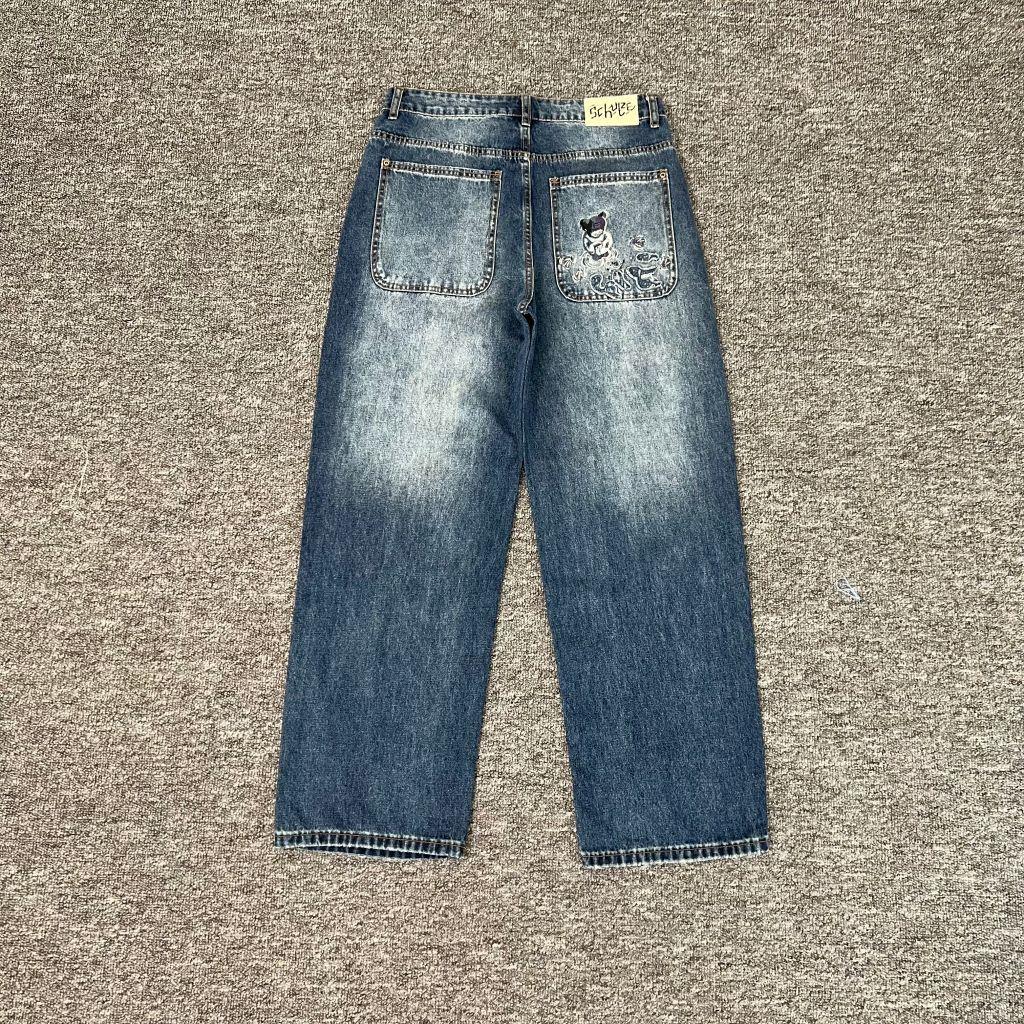 Fish Pond Bear Embroidered Jeans Loose Straight Fit Casual Pants Trousers