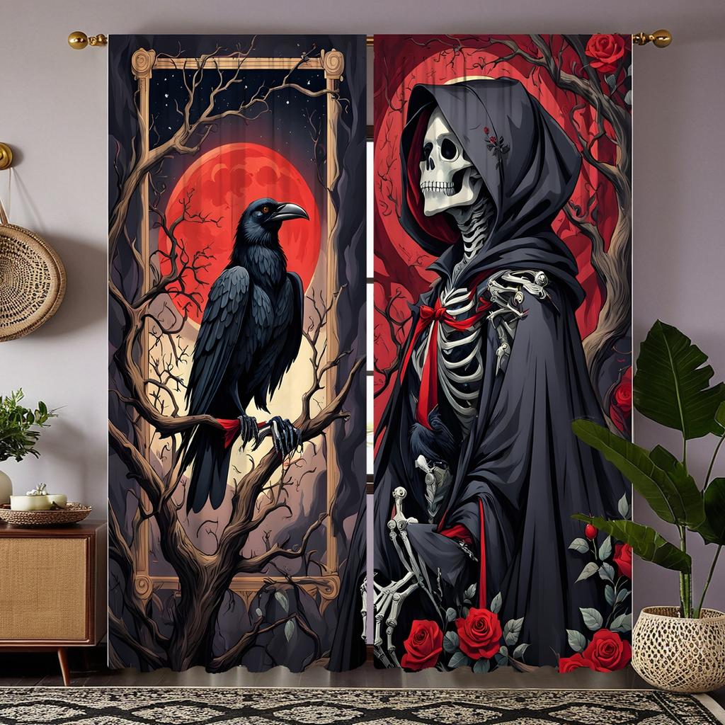 Комплект из 2 шт. HD декоративная занавеска Хэллоуин Роза Череп Орел Черный Галстук цифровая печать занавеска Домашний декор стиль Украсить Гостиную