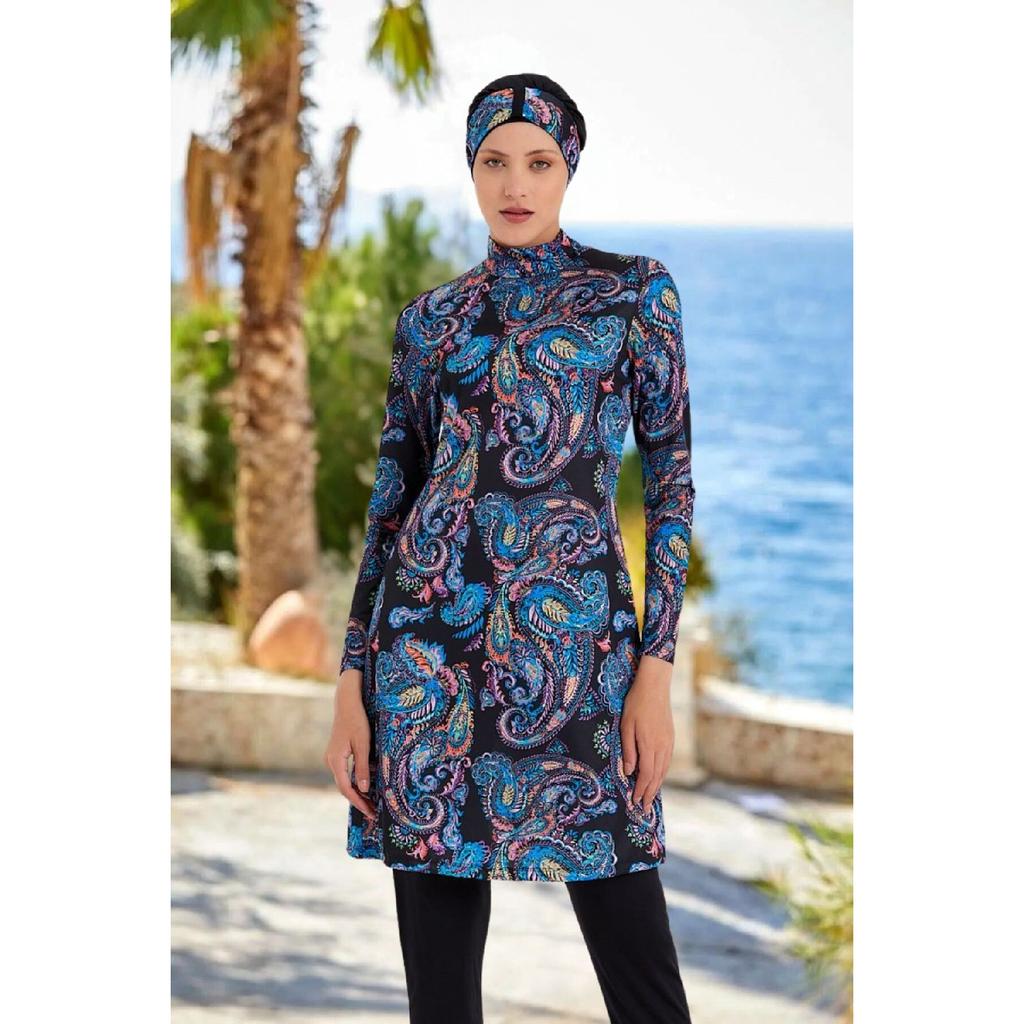 Женский полностью закрытый купальник-хиджаб из лайкры с узором темно-синего цвета