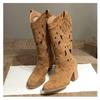 New Autumn and Winter Fashion Mid-tube Thick Heel V-neck Knight Boots Embroidered Hollow Western Cowboy Boots