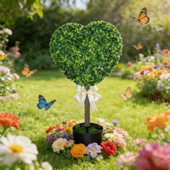 1/2Pcs Artificial Heart Topiary Tree Love Heart Topiary Stake with Rainbow Bow Indoor Outdoor Garden Porch Faux Shrubs Plants Decoration