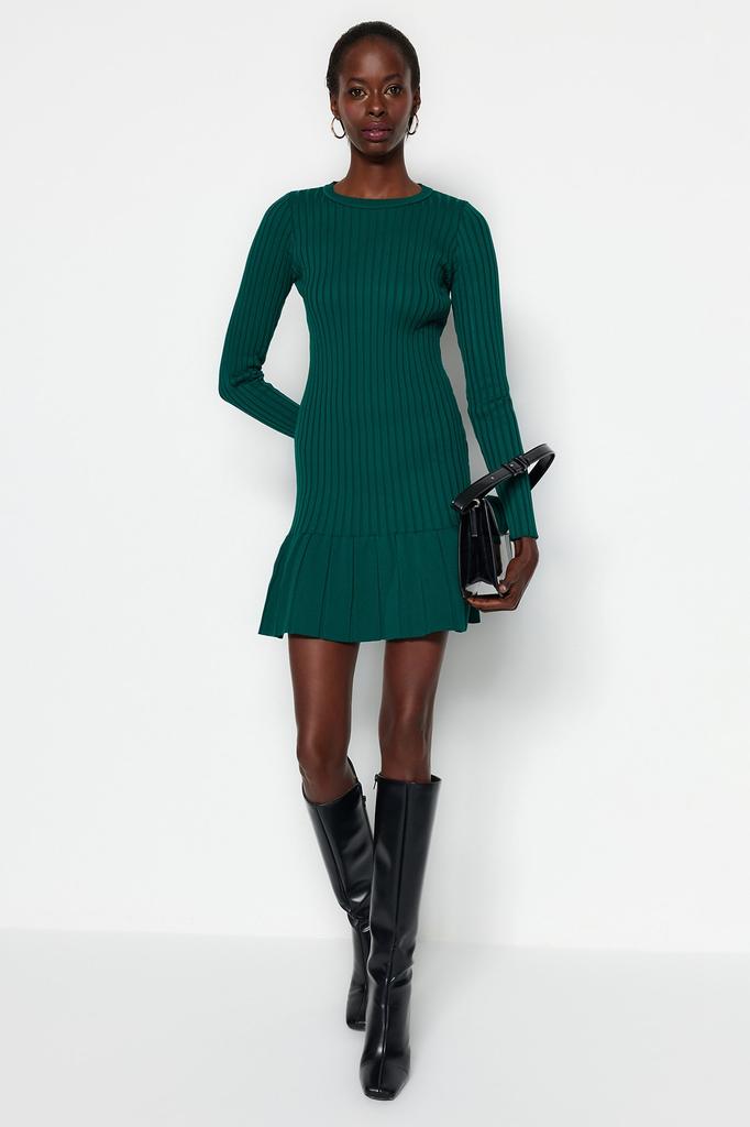 Women's Fashion New Dress Emerald Green Mini Knitwear Crew Neck Dress