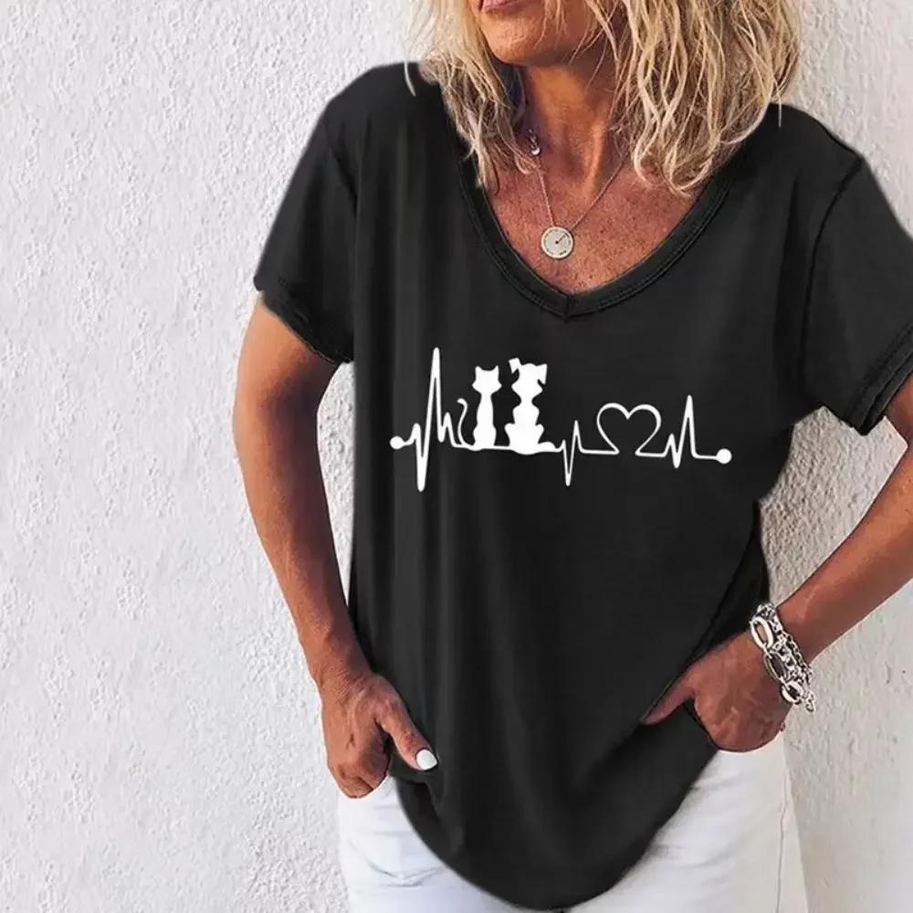 Ретро Женская Футболка Аниме Кот Графический Девочка Одежда Летняя V-образный Вырез Короткий Рукав Футболки Женская Харадзюку Уличная Одежда