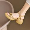 Vintage Soft Leather Thick Heel Stepping On Shit Feeling 2025 Summer Round Head Thick Bottom Open Toe Woven One-word Buckle Strap Sandals Women