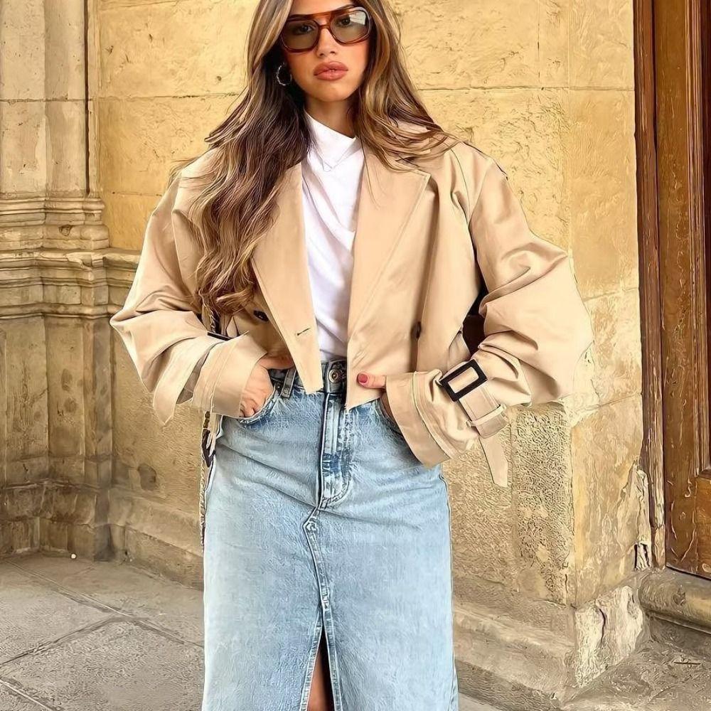 with Belt Cropped Trench Jacket Double Breasted Jackets Women Chic Autumn Winter Coat Holiday