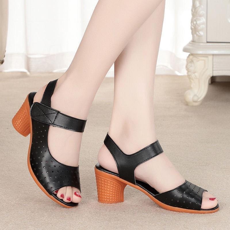 Classic Pu Open Toe Sandals With Block Heel And Velcro Strap For Adult Women Summer Wear