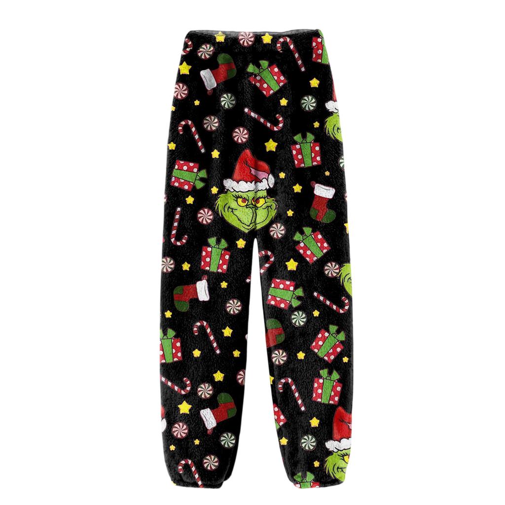 Женские брюки с рождественским принтом, манжетами на кулиске, повседневные брюки и пижама