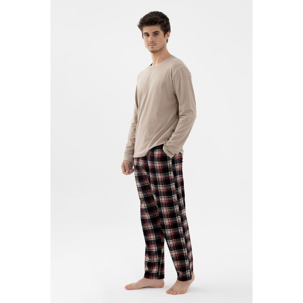 Men's Cotton Long Sleeve Basic Black - Mink Patterned Pocket Detail Pajama Set
