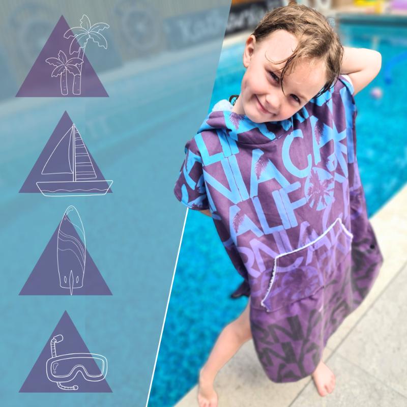 Children' Poncho Quick-Drying Bathrobe for the Pool Hooded Towel Navy Blue Microfiber