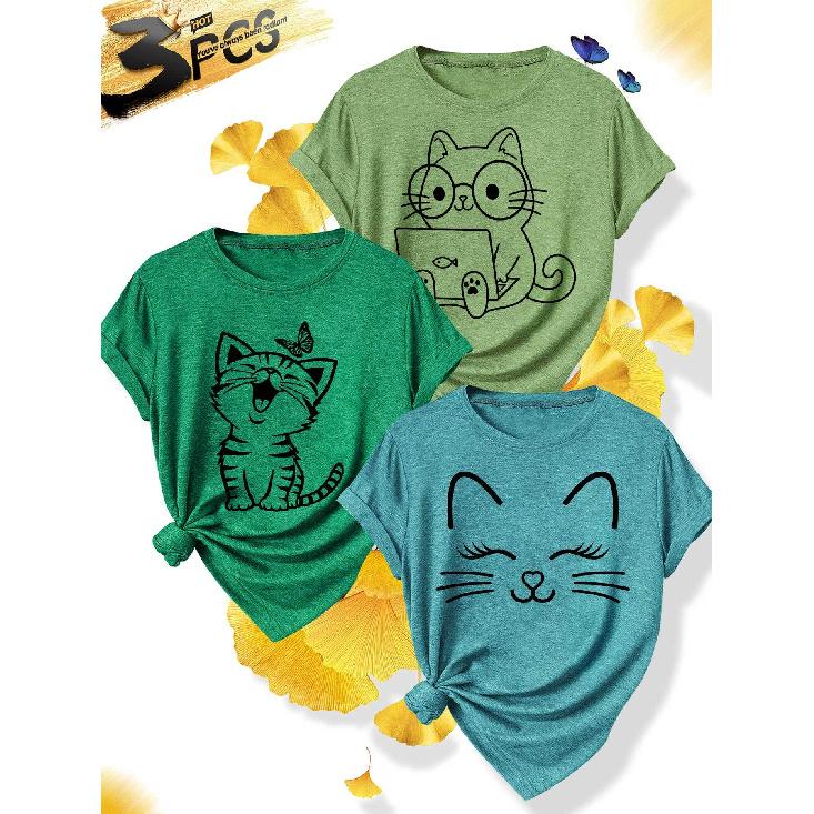 3Elegant plus-size short-sleeve outfit for sisters to attend parties T Shirt Cat-themed office fun print plus-size women's spring/summer casual