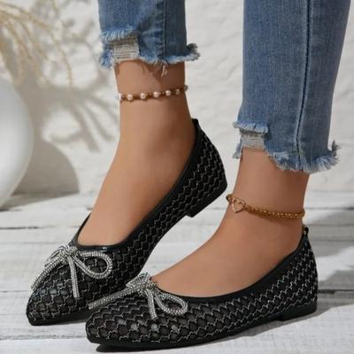 Весна Новые Балетки Женские Заостренный Носок Мелкий Вырез Сетчатая Ткань Дышащие Бант Мягкая Подошва Нескользящие Одинарные Туфли