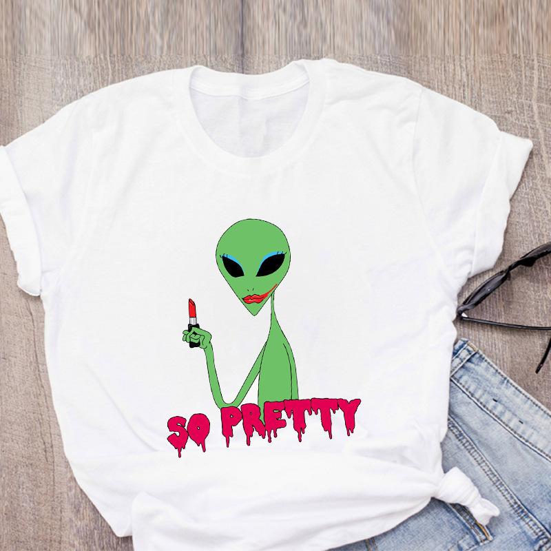 Футболка с принтом в виде мультяшного инопланетянина радужного цвета с коротким рукавом, женская одежда