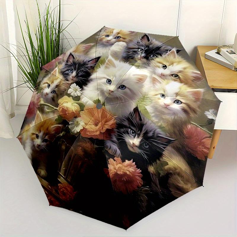 Kittens, Flowers Theme 8 Bone Hand Automatic Folding Umbrella, Compact and Portable Design, A Perfect Gift for Birthday, Christmas or Busine