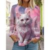 2024 Autumn and Winter Women's Long Sleeve 3D Printed Kitten Cute Print T-Shirt Women's Streetwear Round Neck Long Sleeve