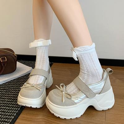 Туфли Мэри Джейн на платформе с бантом из маленькой кожи женские весенне-летние новые с круглым носком с мелким вырезом на высокой подошве