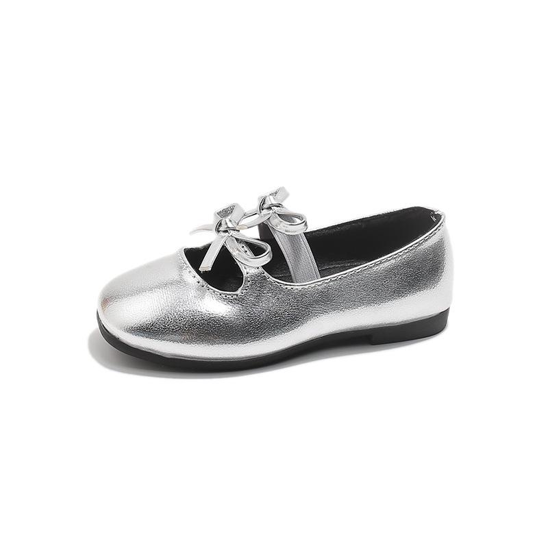Children's leather shoes2026Autumn Korean-style girls' bow-tie silver flats, soft-soled, shallow-toe princess shoes for babies