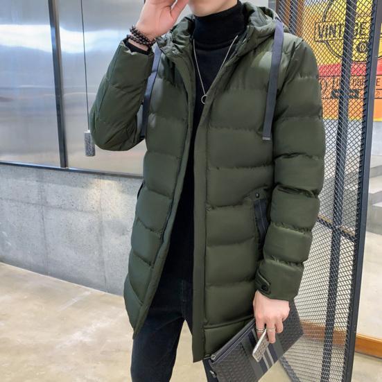 Men Cotton Coat Hooded Long Sleeve Full Zipper Closure Solid Color Jacket with Pockets Mid-length Thickened Quilted Outwear