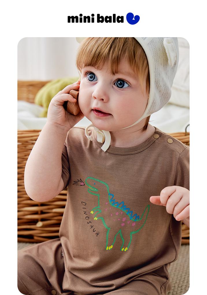 Mini Balabala baby jumpsuit cute dinosaur home climbing suit breathable skin friendly Modal 2026 summer outfit