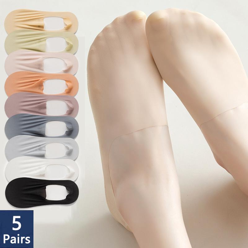 5 пар летних невидимых силиконовых противоскользящих носков, ультратонкие дышащие носки без показа, однотонные низкие носки-лодочки из ледяного шелка