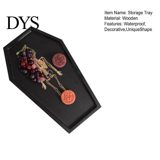 Gothic Storage Tray Halloween Serving with Engraved Skeleton, Wooden Charcuterie Board, Casket Black Vanity Organizer Shape Platter for Party, Spooky