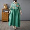 DIMANAF 2025 Plus Size Summer Women Basic Dress Vintage Floral Printing Casual Loose V-Neck Long Dress Maxi
