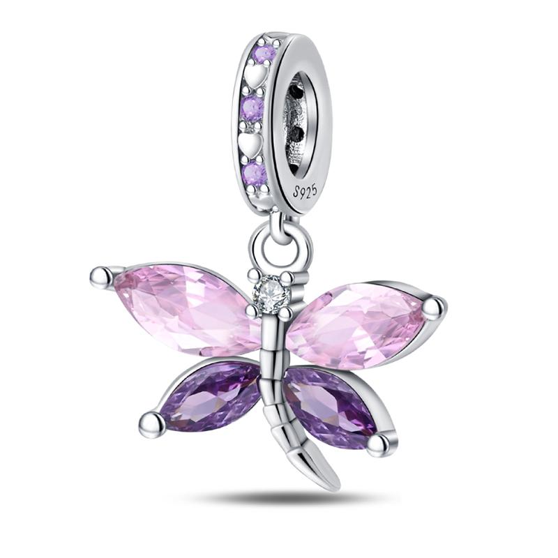 925 Silver Gem Butterfly Dragonfly Flowers Charms Pendant Fit Pandach 925 Bracelets DIY Little Fresh Jewelry