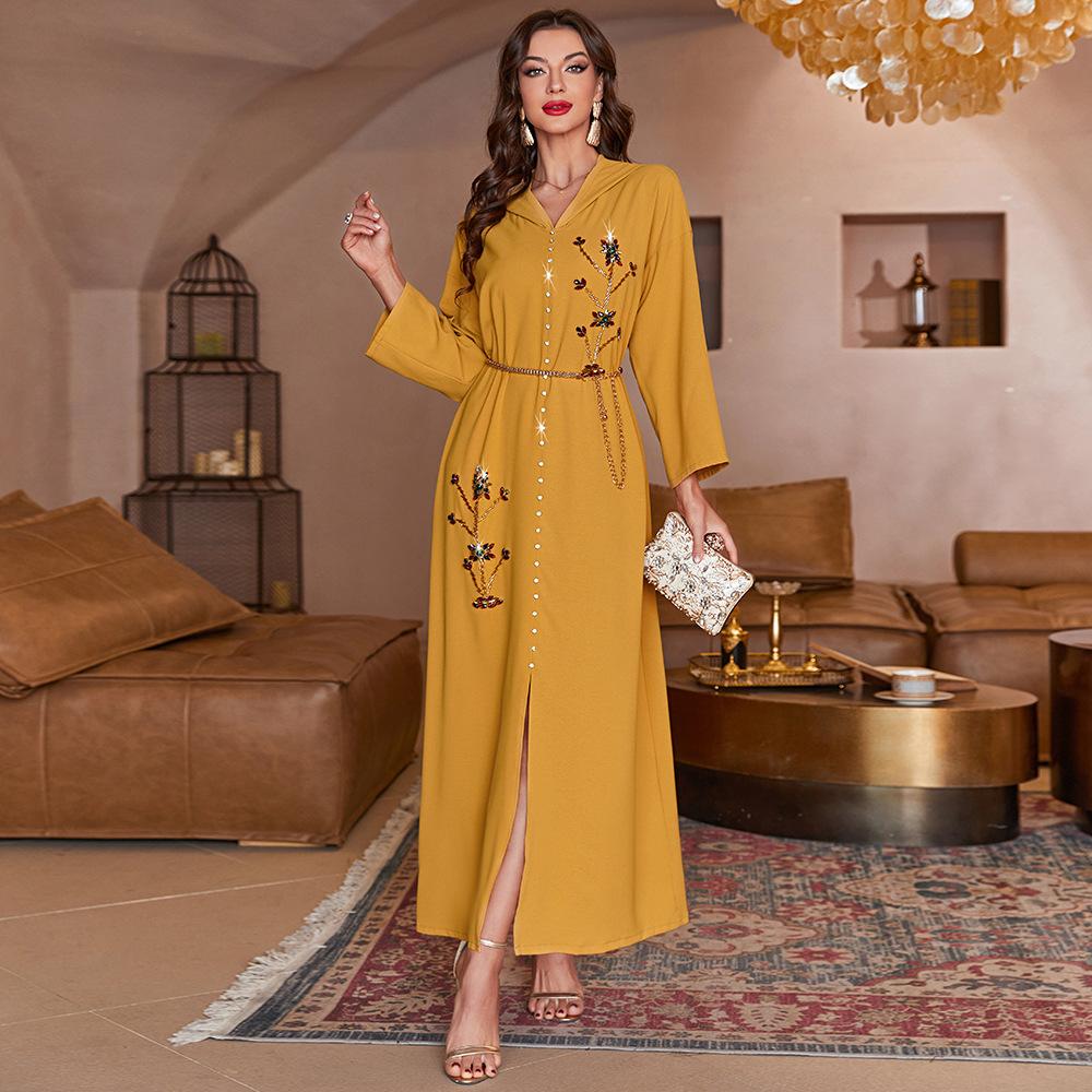 Women's Yellow Hooded Asymmetric Handmade Rhinestone Robe Loose Muslim Dress Abaya