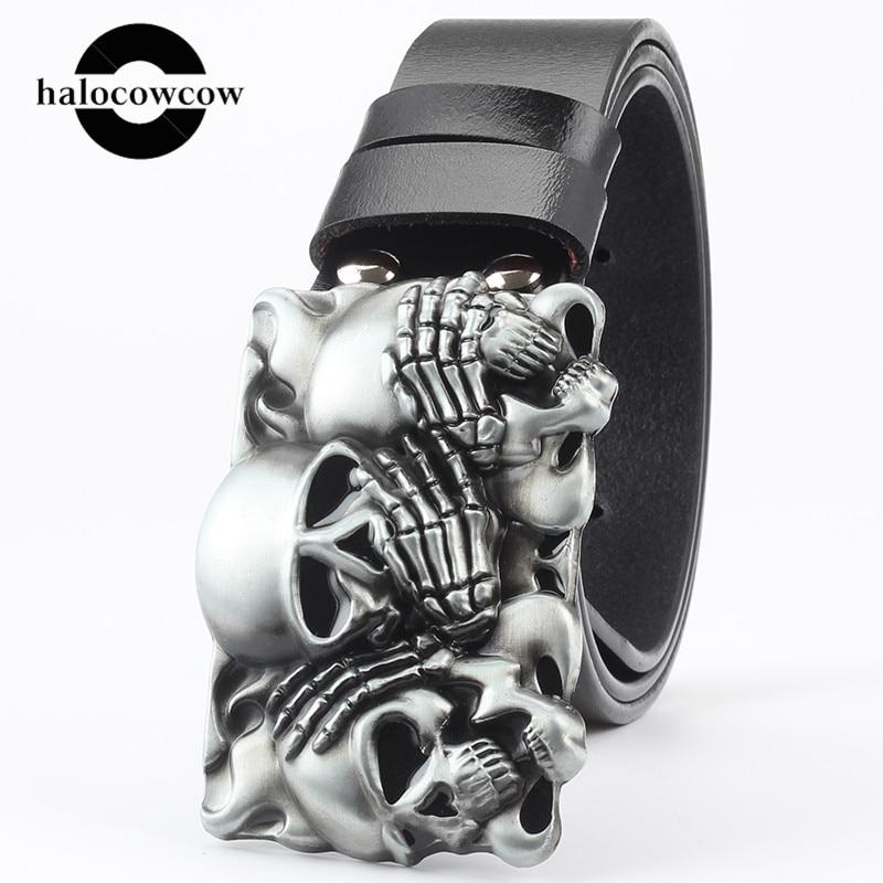 Ремни с пряжкой из сплава в стиле панк, голова призрака для мужчин, мужские ремни из натуральной кожи, ремни из телячьей кожи с черепами