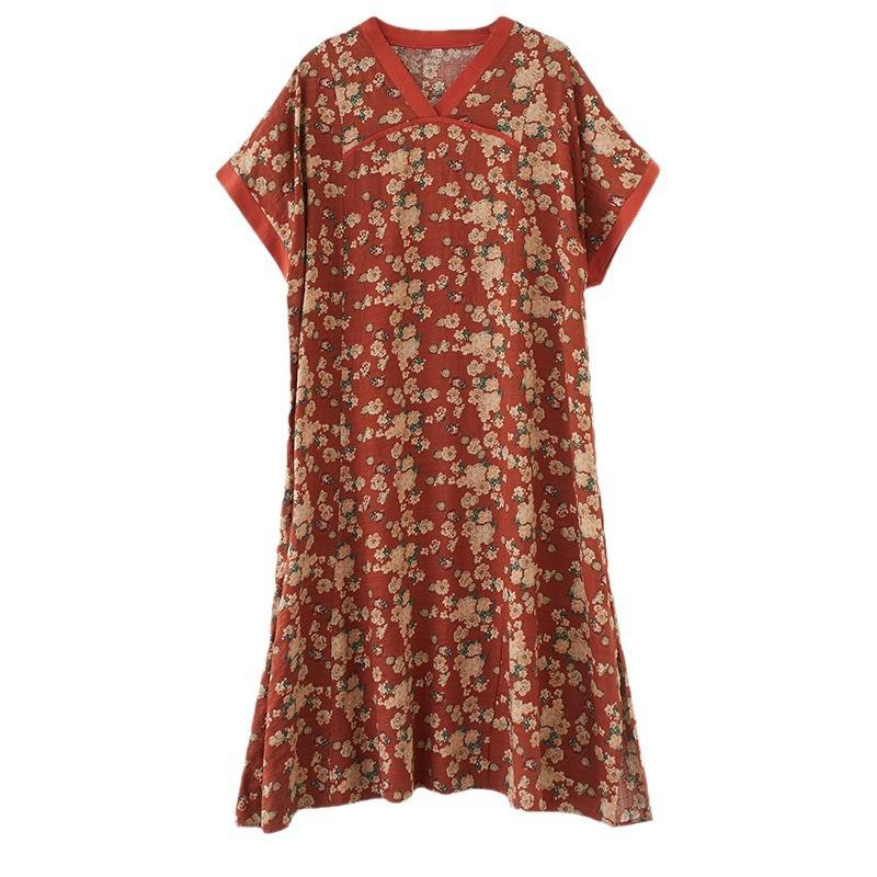 Летнее хлопковое льняное платье с V-образным вырезом, свободное, большого размера, в китайском стиле, ханьфу, улучшенное, средней длины, с короткими рукавами, для женщин, платья