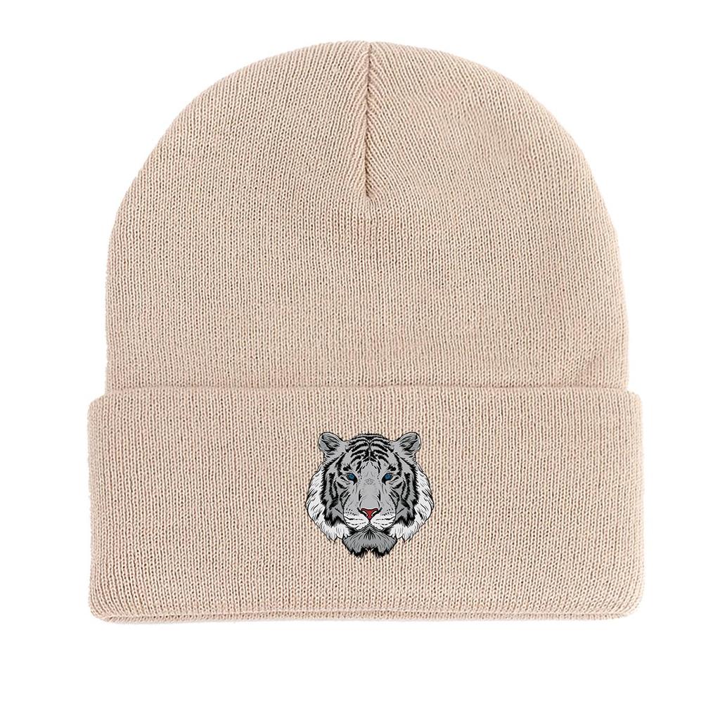 White Tiger Print Knit Cap Beanie, Animal Man Cap Autumn Fit Solid Gorro Knit Hat Beanie