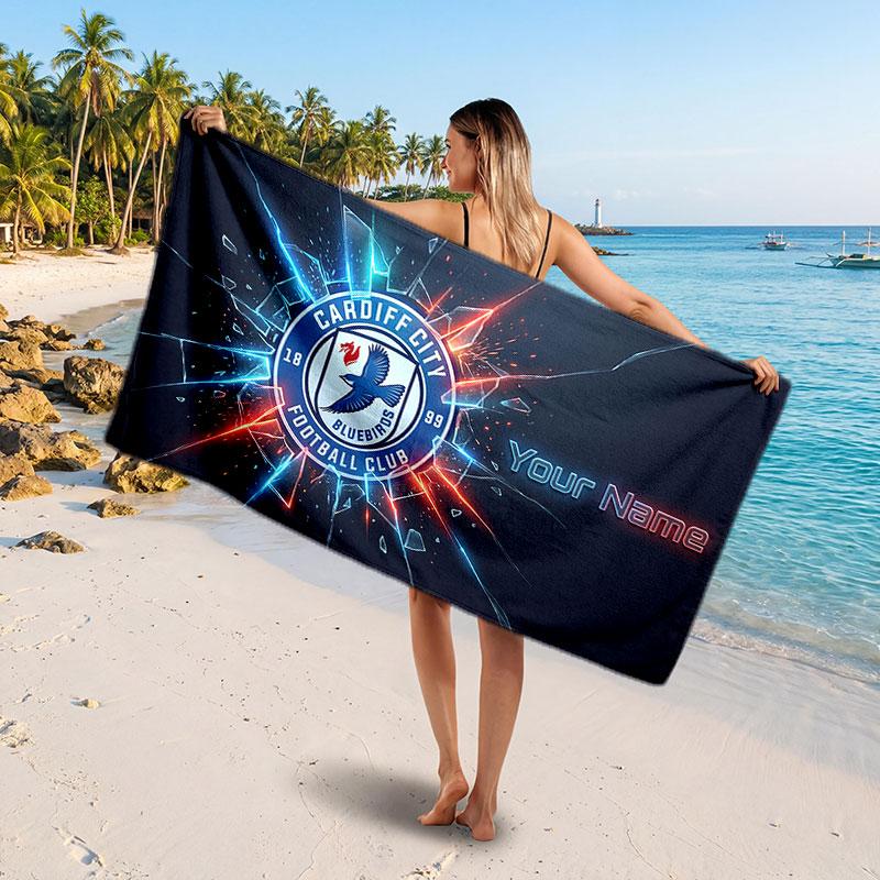 Cardiff City Custom Beach Towel, Personalized Name Text Print, Football Logo Soft Quick‑Dry Towel Holiday Gift