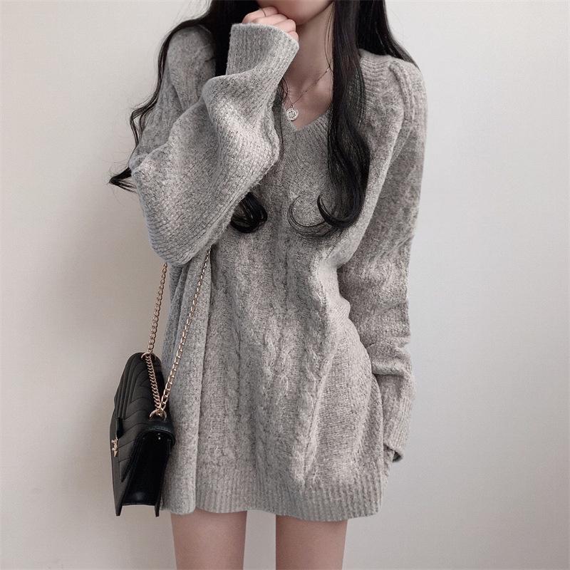 Осенне-зимний вязаный свитер с длинными рукавами и v-образным вырезом средней длины, трикотажное платье, женские свитера, юбка
