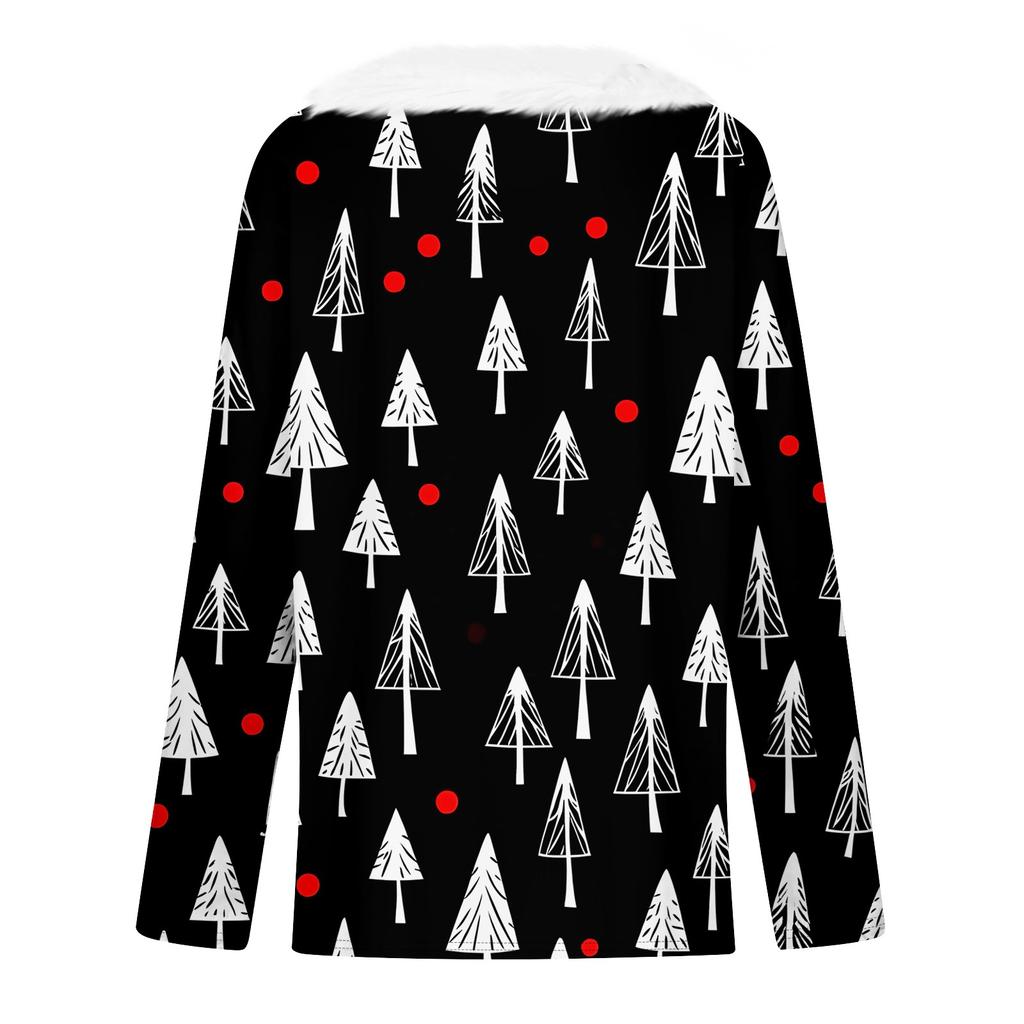 Women's Fashion Long Sleeve Christmas Day Printed Plush Neck V-Neck Pullover Top