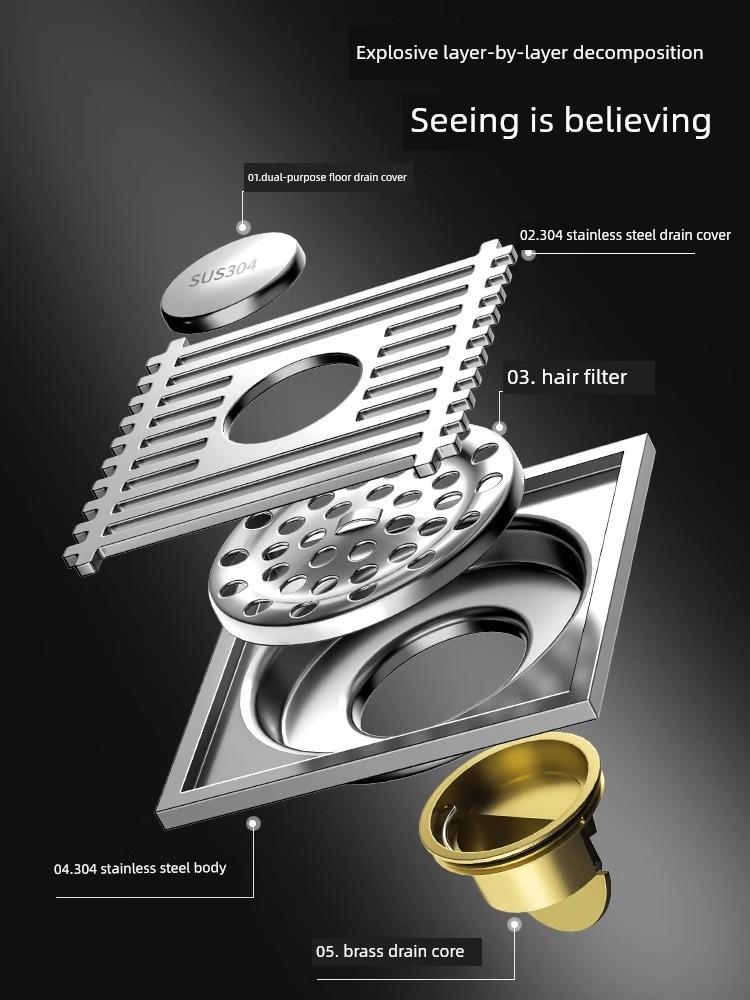 304 Stainless Steel Floor Drain Thickened Anti-Odor Device for Bathroom Sewer Washing Machine All-Copper Universal Drain Core