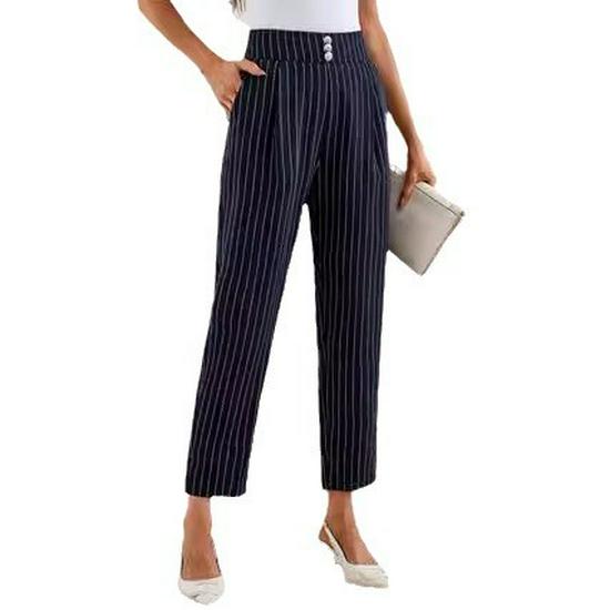 Женские облегающие брюки от костюма с высокой посадкой, в полоску, на пуговицах - городской повседневный стиль, длина девять пунктов
