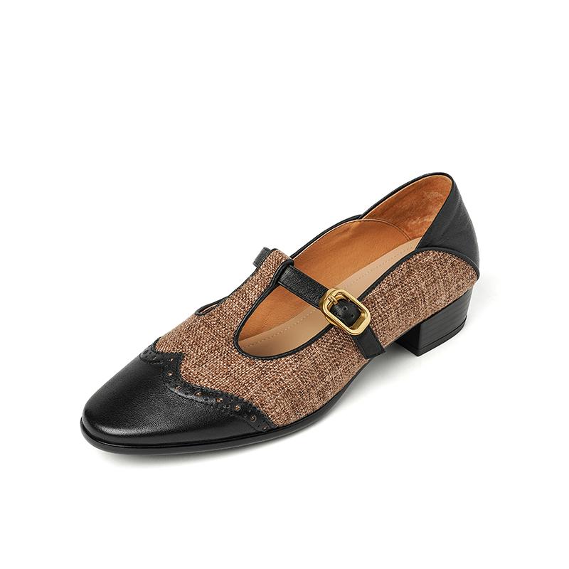 Мода 2025 Новая Женская Обувь Туфли на Толстом Каблуке Туфли с Т-образным Ремешком Натуральная Кожа Мелкие Туфли с Квадратным Носком Туфли-Лодочки с Ремешком на Щиколотке Женская Обувь Офис