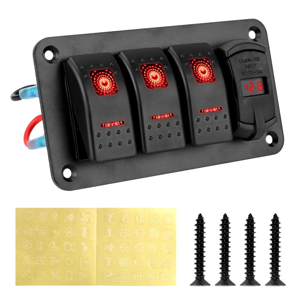 12V-24V Digital Voltmeter Circuit Breaker for Car SUV Marine RV Truck 4.2A Dual USB Slot Charger 3 Gang Switch Panel