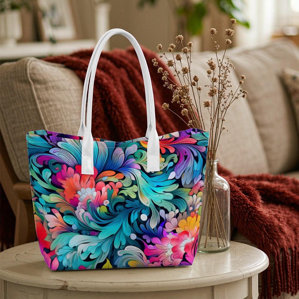Colorful Floral Pattern Women Tote Bag Large Capacity Casual Portable Daily Commute Shoulder Bag for Shopping Travel Outdoor Use