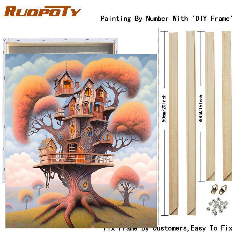 Рамка «сделай сам», картина по номерам для взрослых, комплект, дом на дереве, настенное искусство, пейзаж ручной работы, подарок «сделай сам», для домашнего декора стен 40x50 см