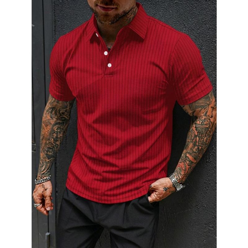 Men Summer Casual Sports Breathable Elastic Vertical Stripe Short Sleeve Polo Shirt