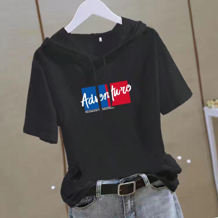 Women's Short Sleeve Hooded T Shirt Loose Fit Summer Casual Slimming Youthful White Top