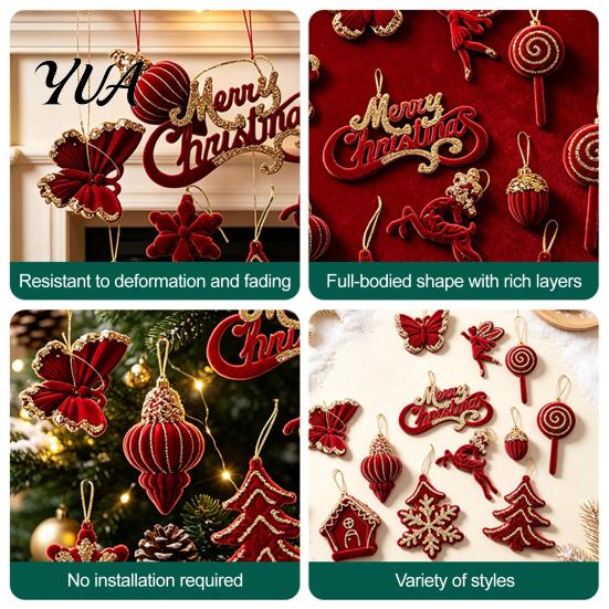 Seasonal Garland Door Decorations Flocked Christmas Ornaments with Gold Edging, Retro Red Velvet Hanging Exquisite Tree Pendants Decoration,