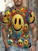 Men's Printed T-Shirt - Psychedelic Joyful Face Design, Breathable & Soft, Trendy Streetwear, Comfort FitMen's Stylish Casual Round-Neck Patterned